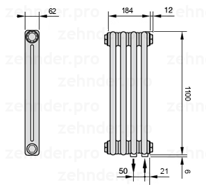 Схема (чертеж) Радиатор Zehnder Charleston 2110/4 №5510 Белый глянцевый RAL 9016